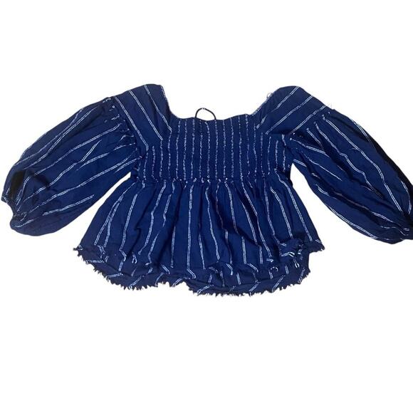 Free People Evey Peasant Top Tie Neck Navy White Striped Balloon Sleeves Small - Picture 3 of 9